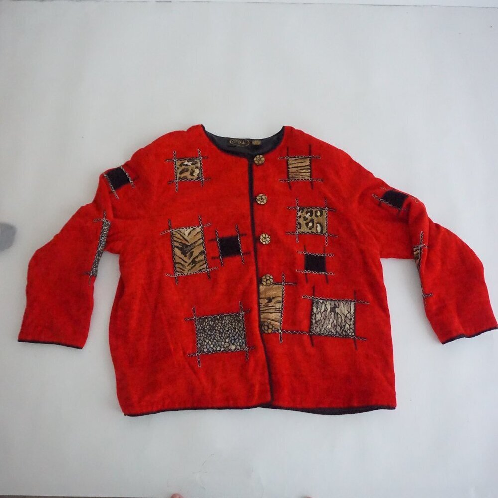 Vintage Alex Kim Red Patchwork Animal Print Western Boho Safari Jacket 2X